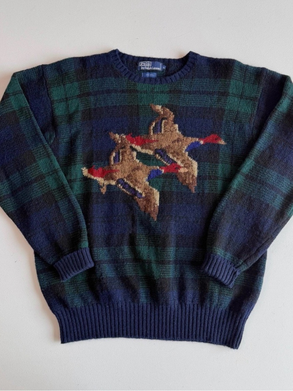 Polo by Ralph Lauren Navy & Green Plaid Crewneck Sweater with Duck Intarsia
